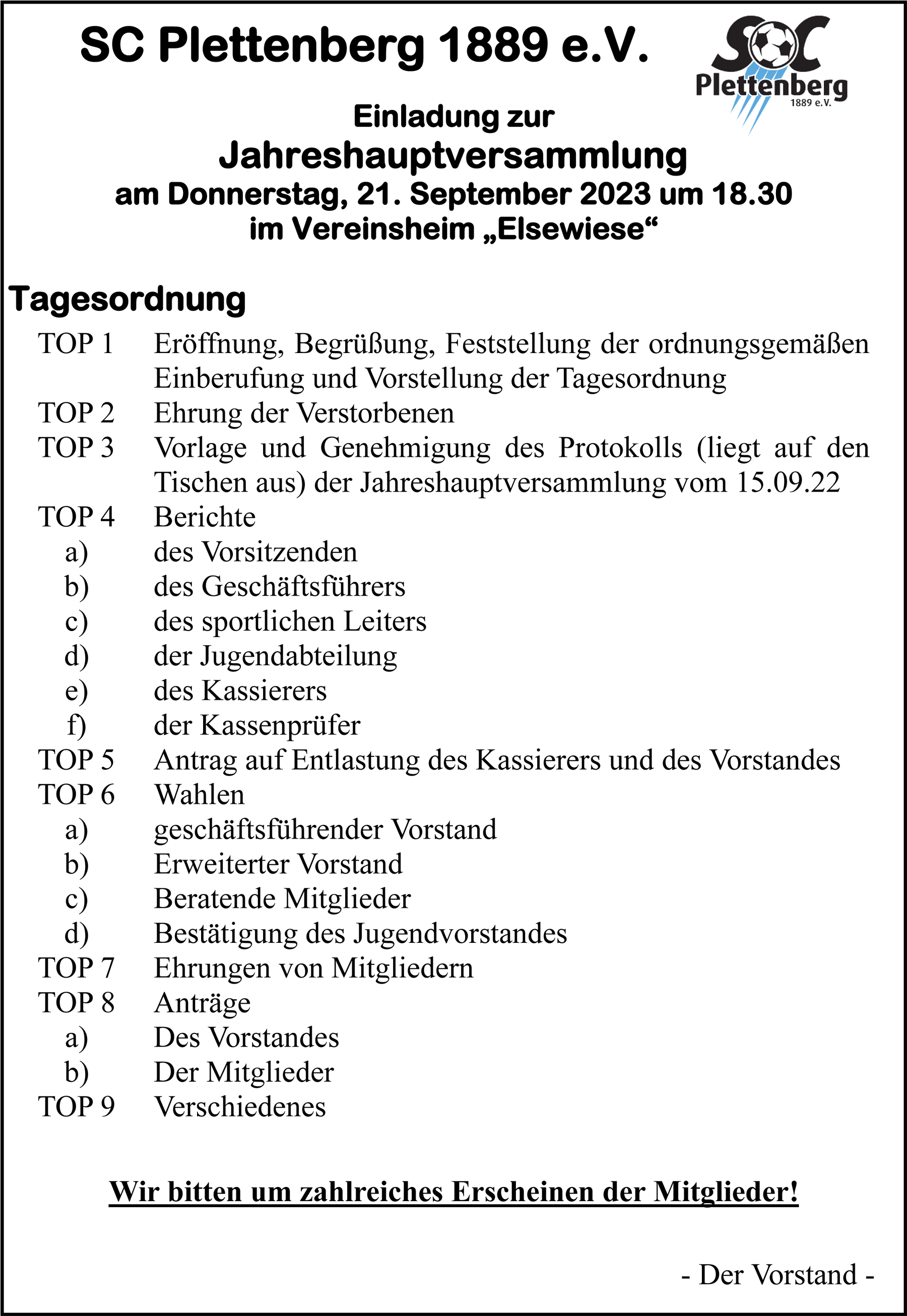 Einladung JHV 2023